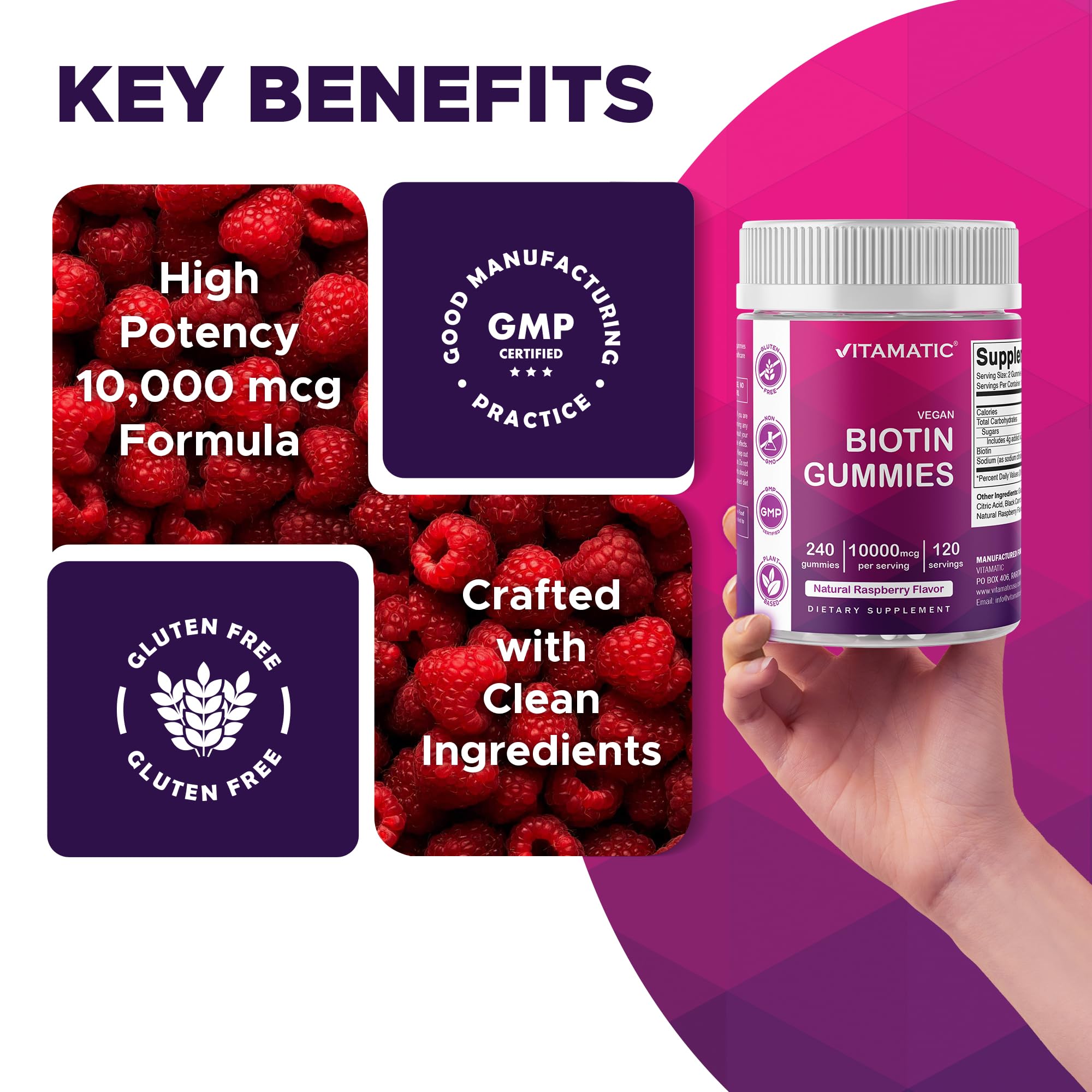 Vitamatic Biotin Gummies 240 vegan gummies per bottle