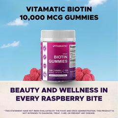 Close-up of Vitamatic Biotin Gummies raspberry flavor label