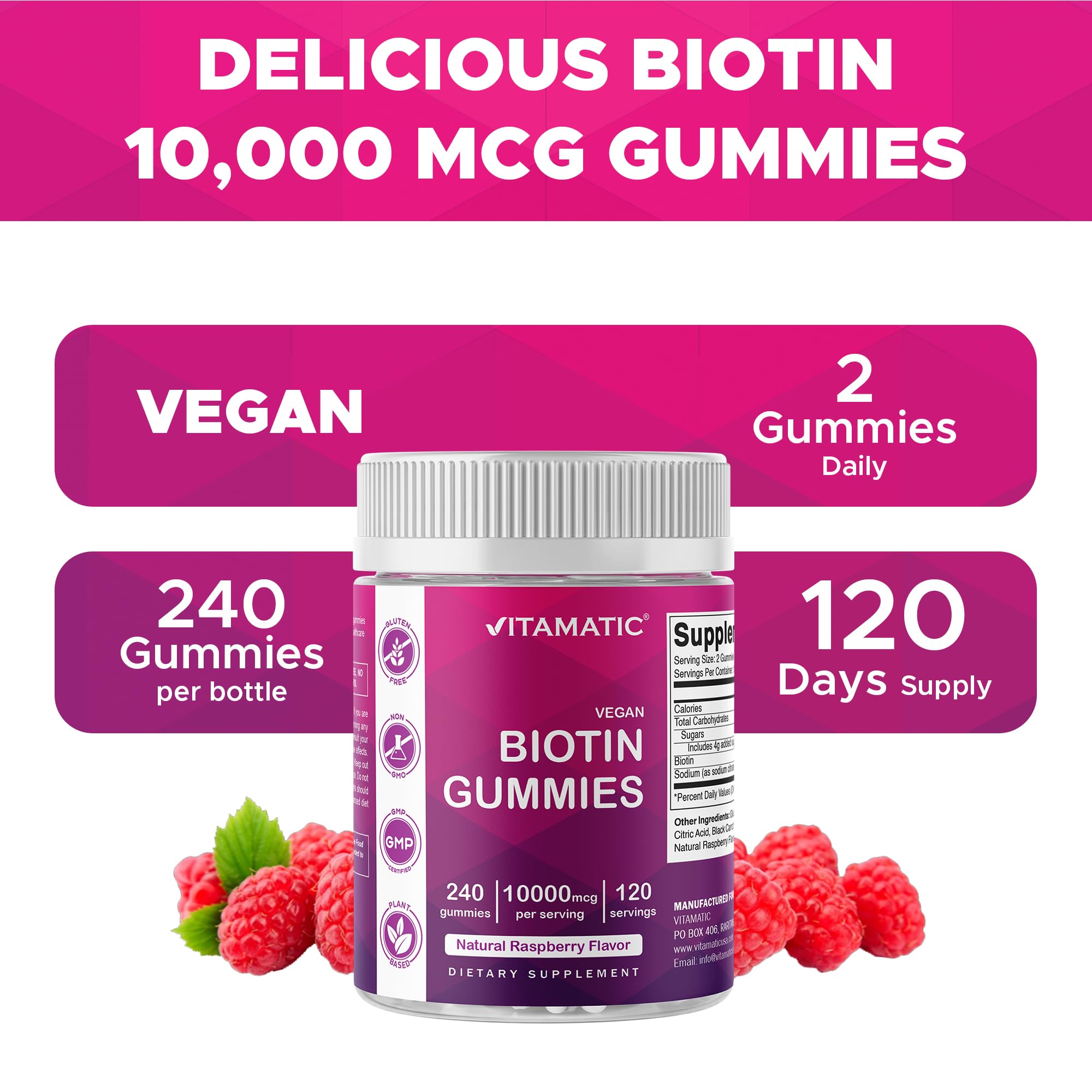 Raspberry-flavored Vitamatic Biotin Gummies label close-up