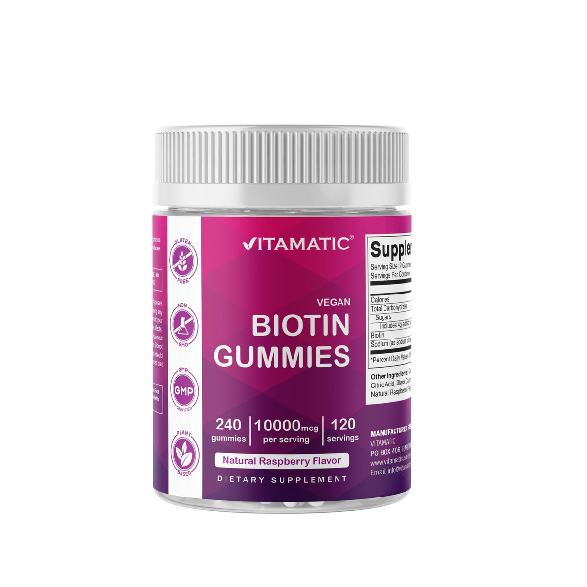Vitamatic Biotin Gummies raspberry flavor bottle close-up