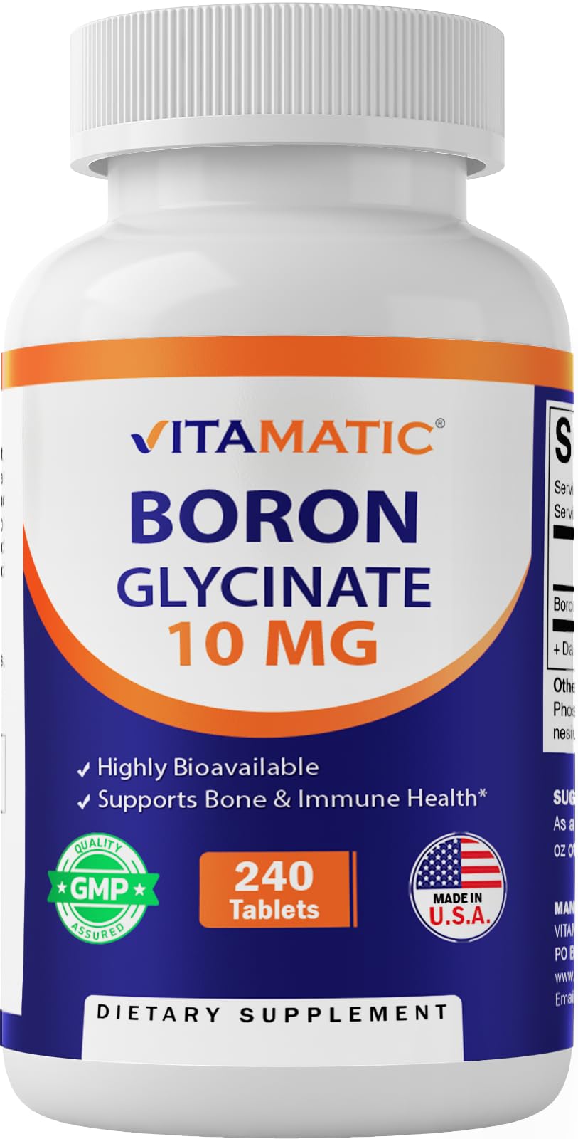 Vitamatic Chelated Boron Glycinate 10mg bottle with 240 tablets