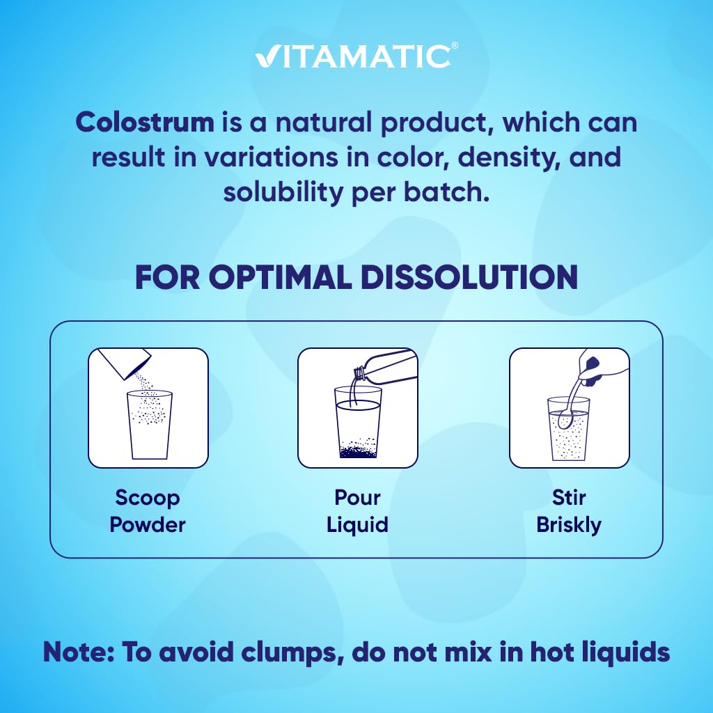 Colostrum powder dissolving smoothly in a cold beverage