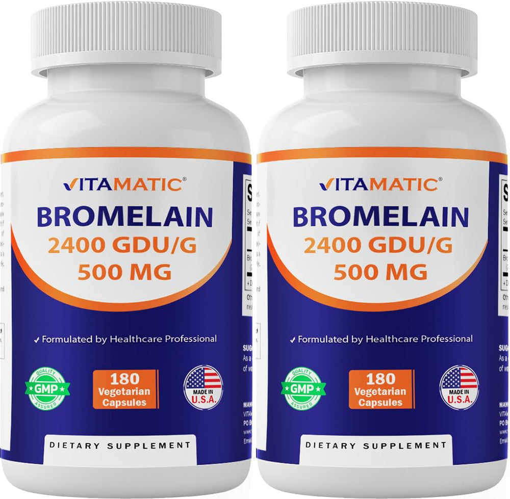 Vitamatic Bromelain 500mg bottle front in 2-pack packaging