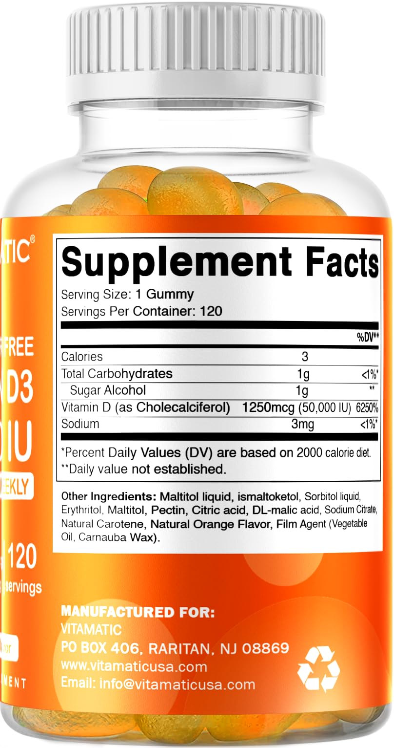 Close-up of an orange-flavored Vitamatic D3 gummy