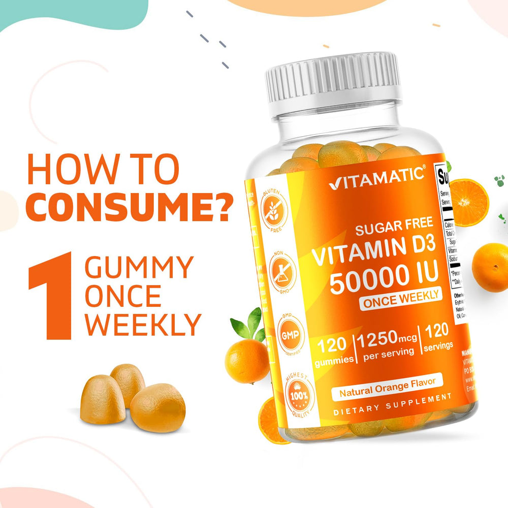 Close-up of pectin-based Vitamatic D3 gummies