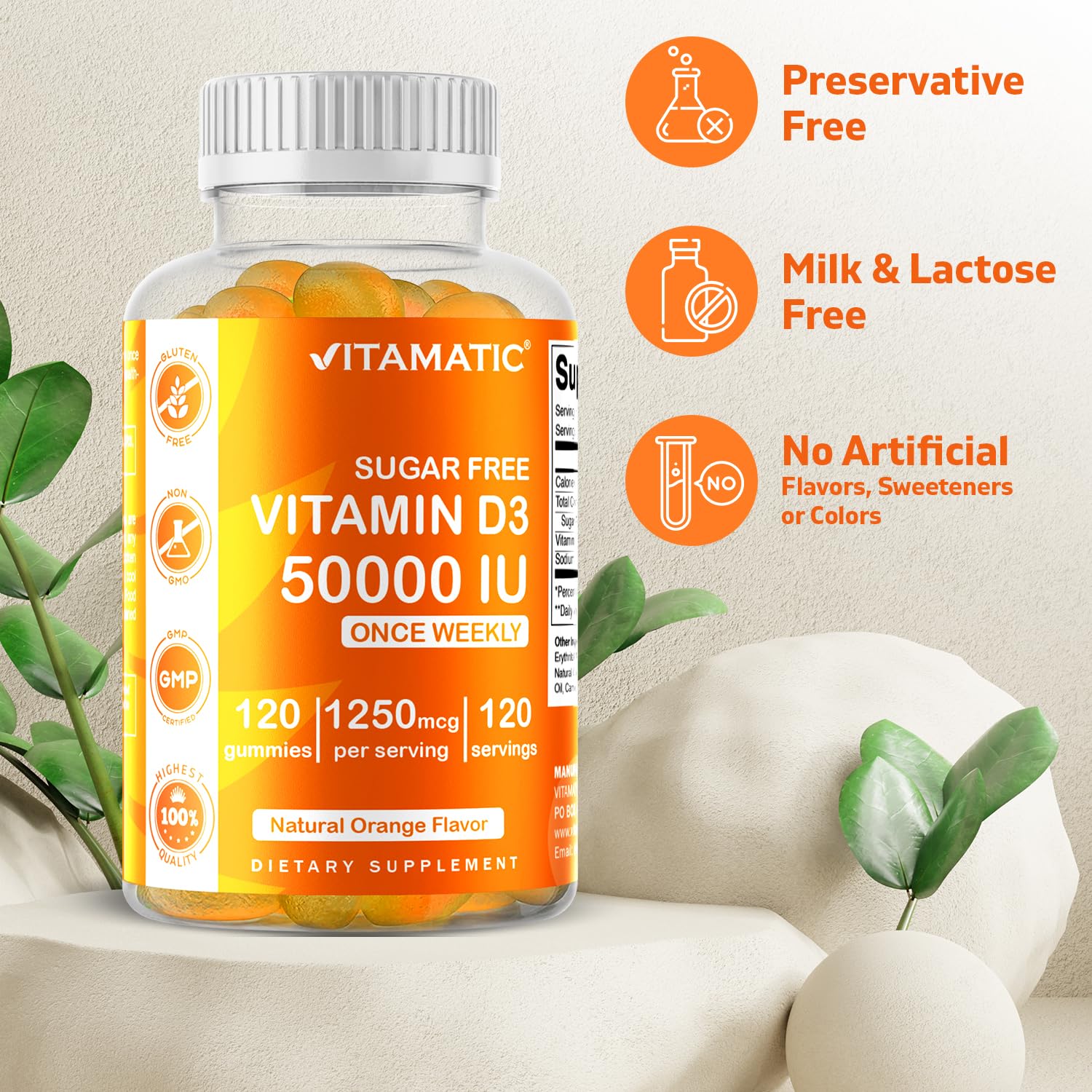 Non-GMO and gluten-free label on Vitamatic D3 bottle