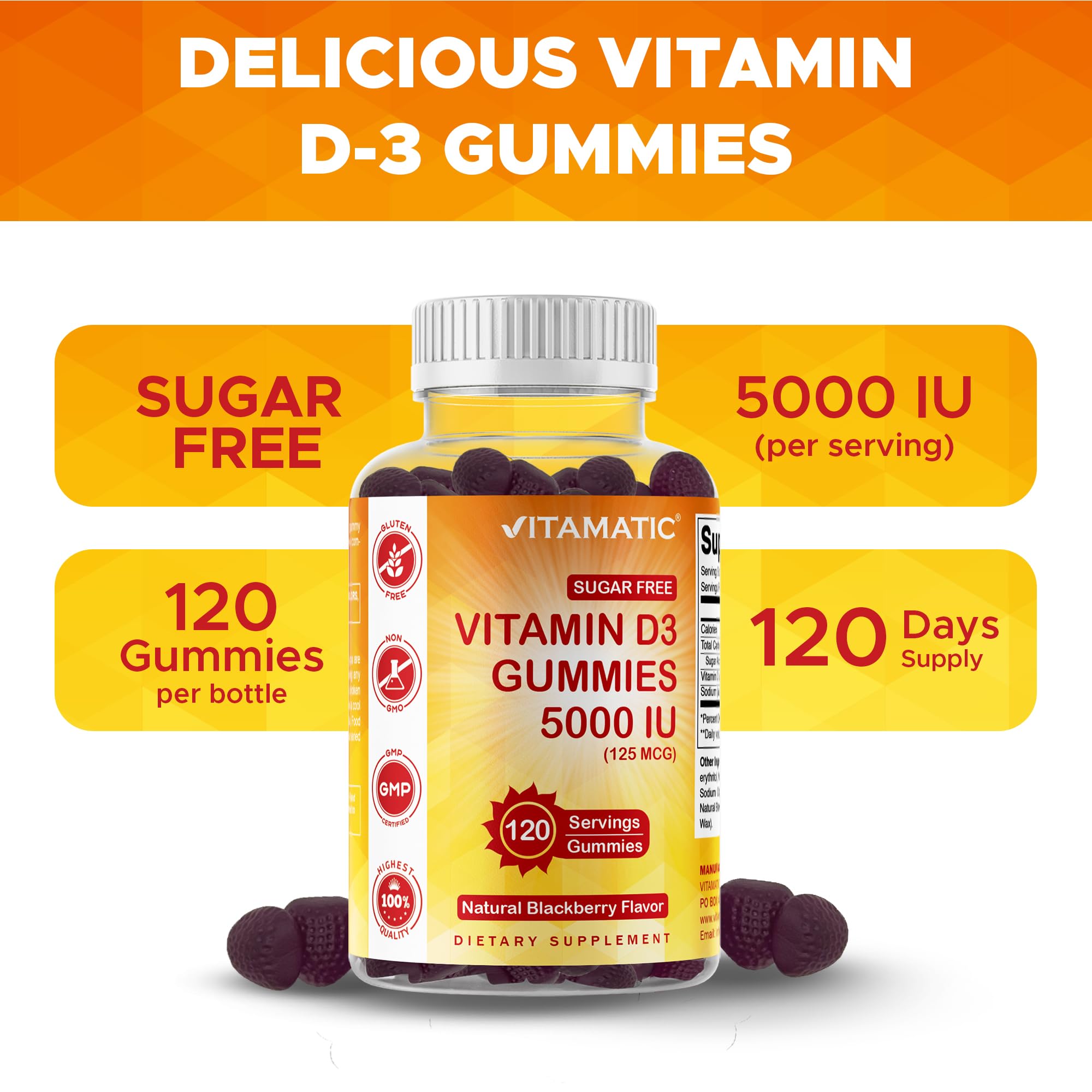 Nutrition facts panel for Vitamatic D3 5000 IU gummies