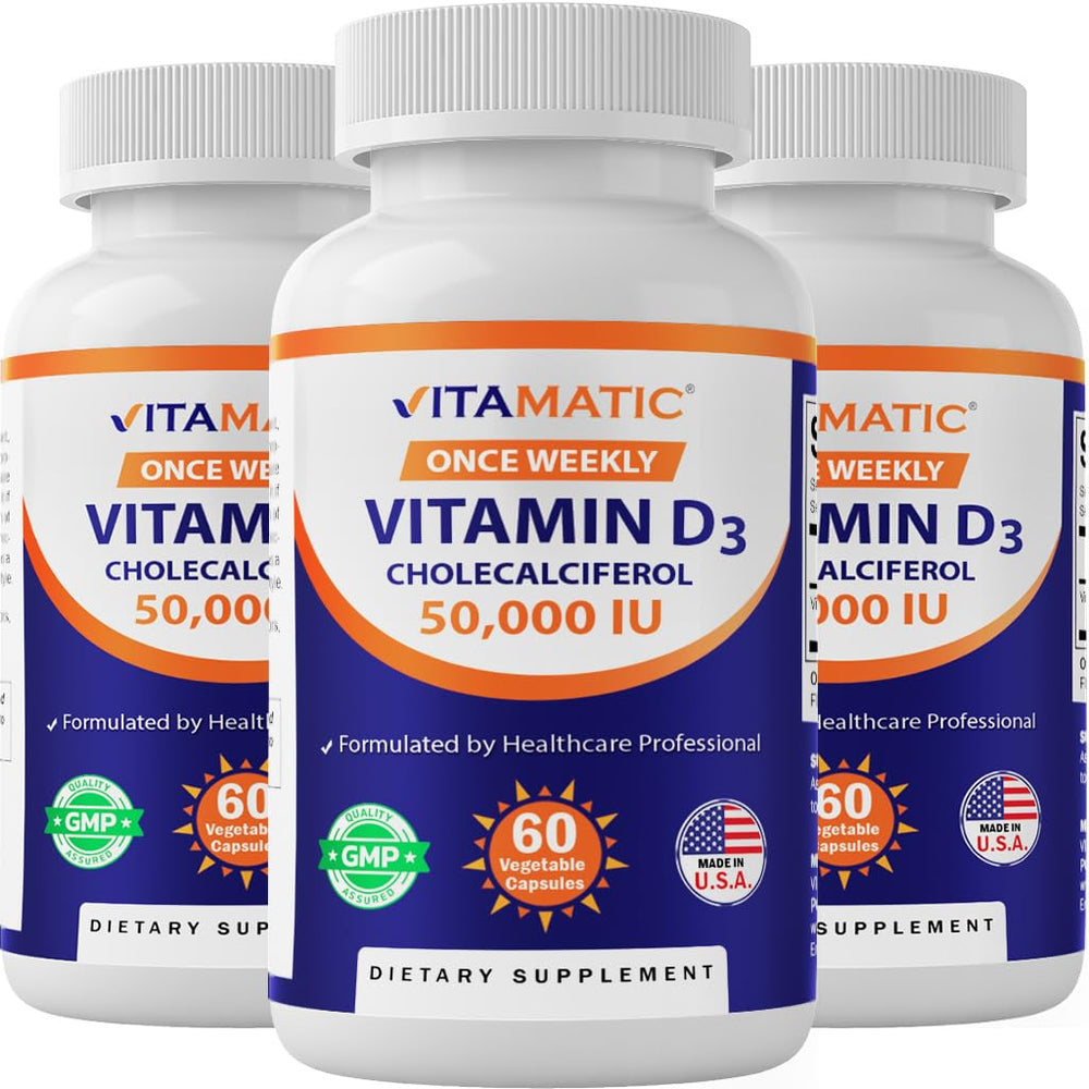 Vitamatic D3 50,000 IU three-pack bottles on white background