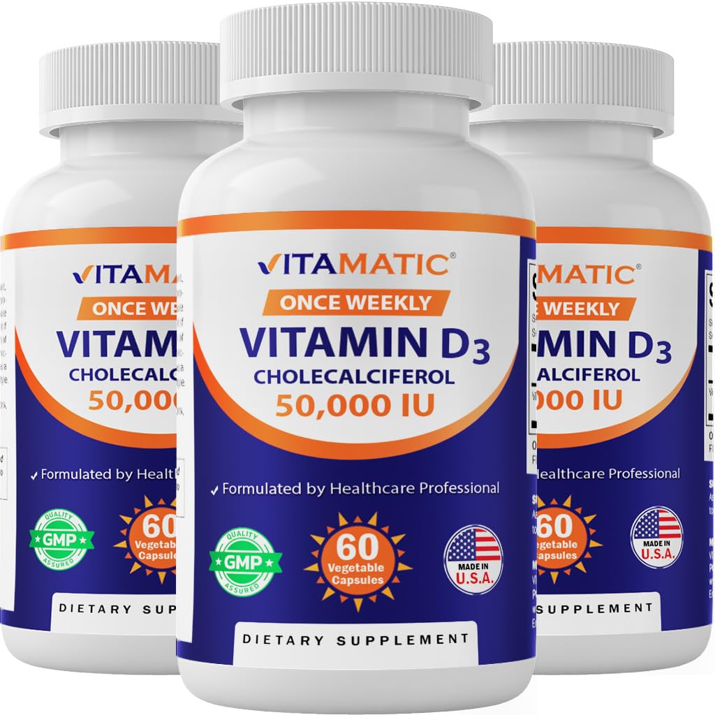 Vitamatic D3 50,000 IU three-pack bottles on white background
