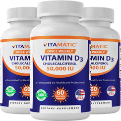 Vitamatic D3 50,000 IU three-pack bottles on white background