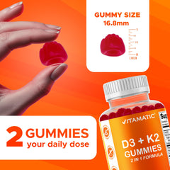 Two-pack Vitamatic gummies packaging with bottle