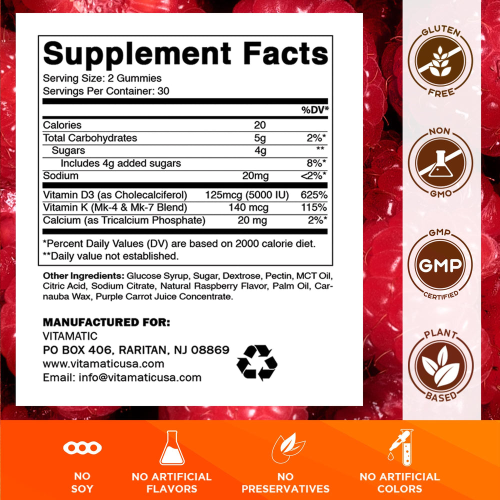 Vitamatic D3 + K2 Gummies bottle label close-up