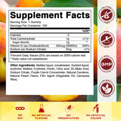 Back label of Vitamatic sugar-free D3 peach gummies bottle showing supplement facts