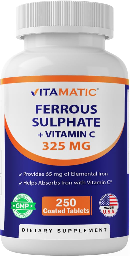 Vitamatic Ferrous Sulfate 325 mg with Vitamin C 100 mg bottle label