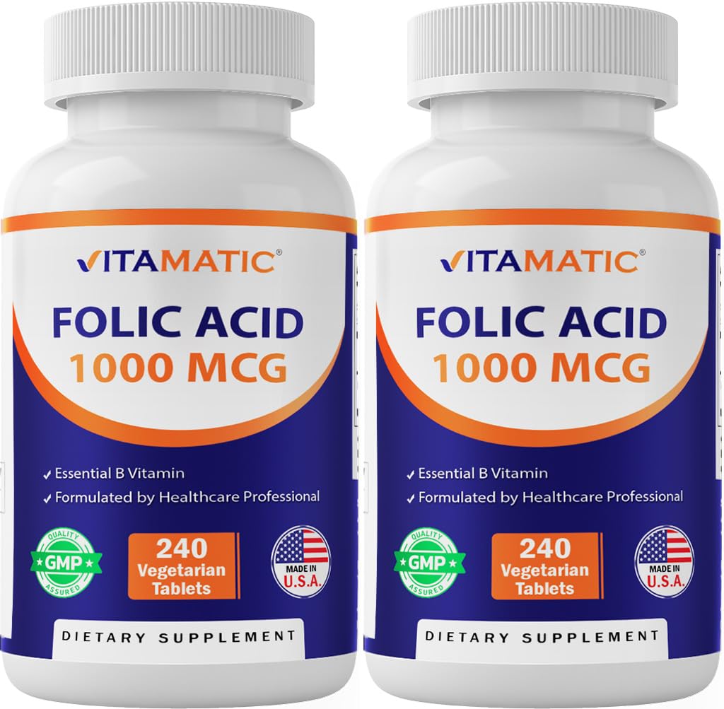 Front view of Vitamatic Folic Acid 1000 mcg 240 vegetarian tablets (pack 2) hero image