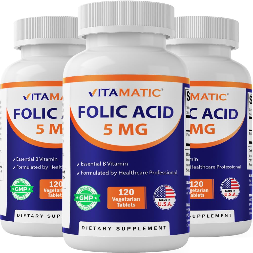 Vitamatic Folic Acid 5mg bottle with label visible