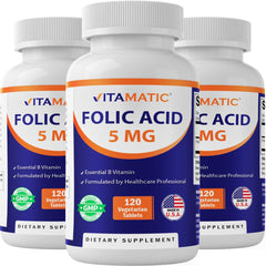 Vitamatic Folic Acid 5mg bottle with label visible