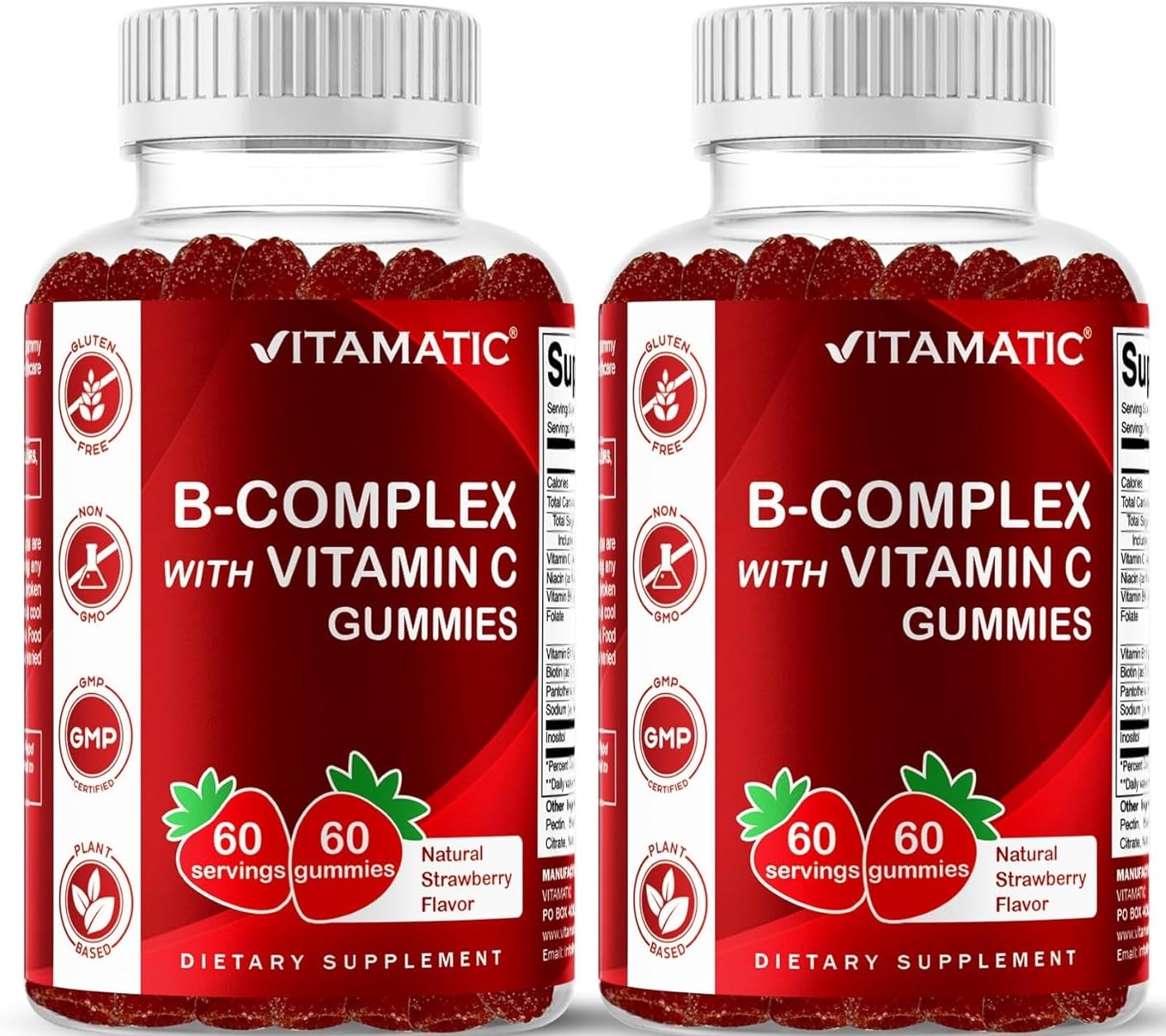 Vitamatic front packaging showing natural strawberry flavor and two-bottle value