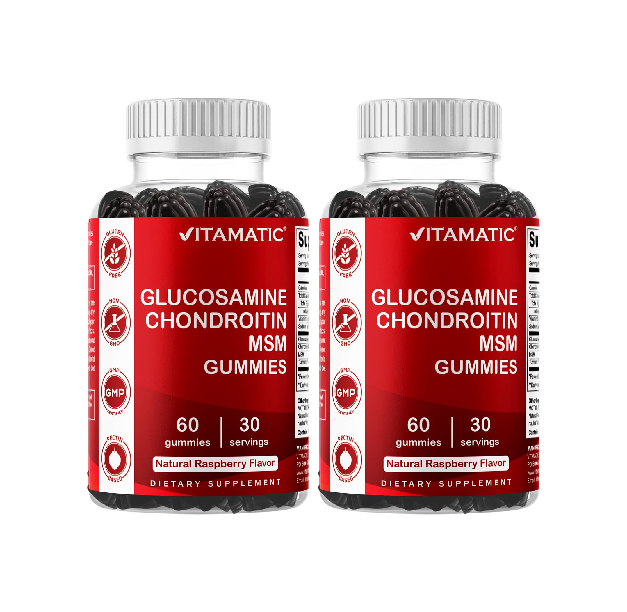 Bottle label showing Vitamatic Glucosamine Chondroitin Gummies with MSM and Vitamin E