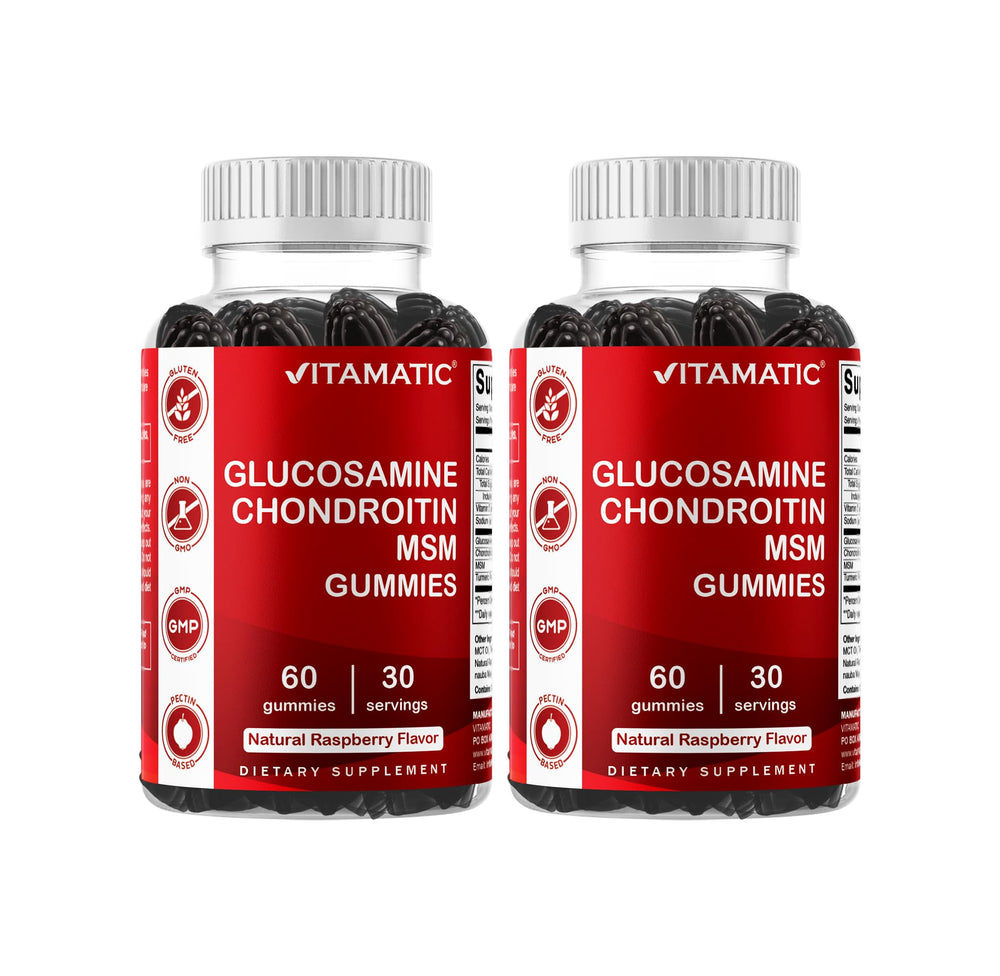 Bottle label showing Vitamatic Glucosamine Chondroitin Gummies with MSM and Vitamin E