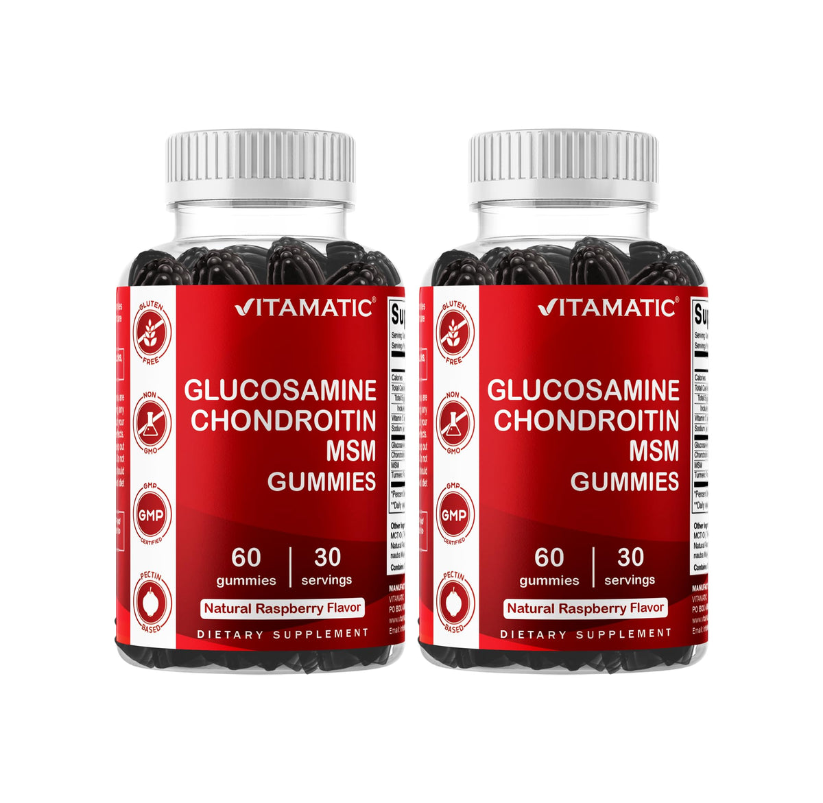 Bottle label showing Vitamatic Glucosamine Chondroitin Gummies with MSM and Vitamin E