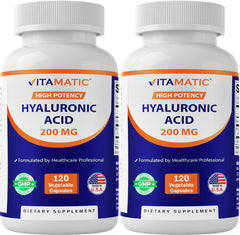 Hero image: Vitamatic Hyaluronic Acid 200mg 2-pack bottle
