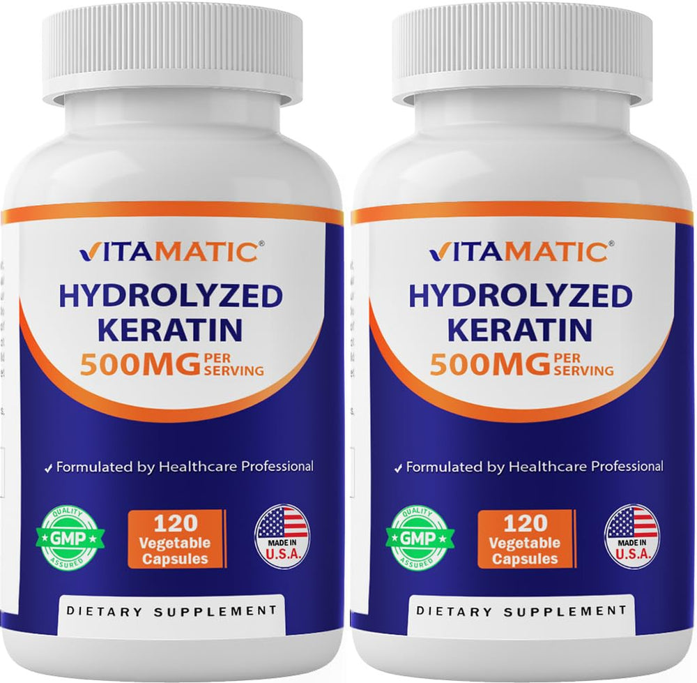 Bottle of Vitamatic Hydrolyzed Keratin 500mg with 120 vegetarian capsules