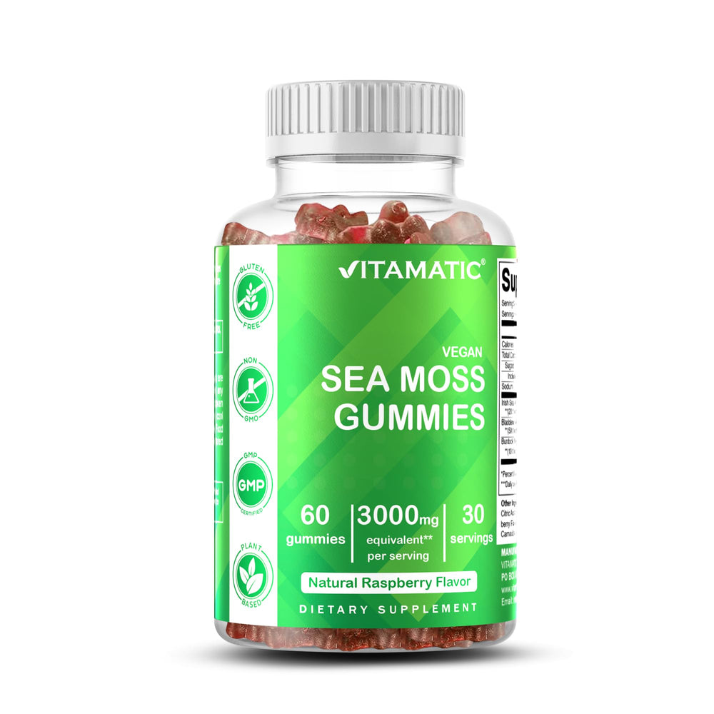 Front view of Vitamatic Irish Sea Moss Gummies Raspberry flavor bottle