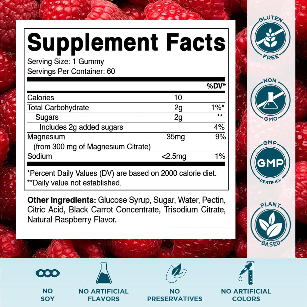 Close-up of raspberry-flavored magnesium gummies