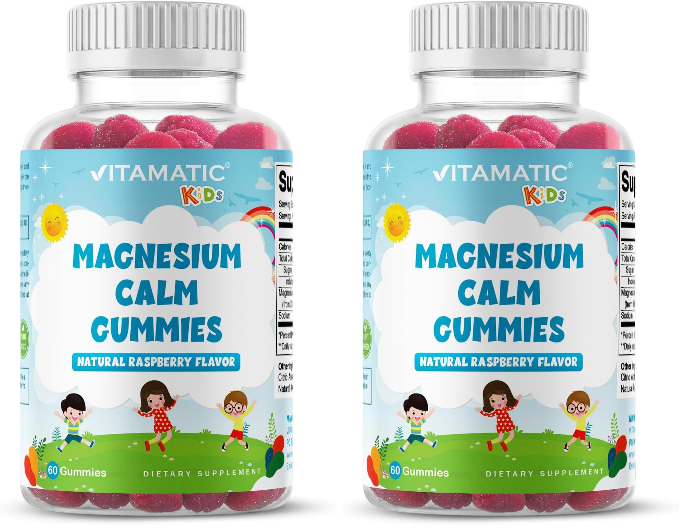 Two bottles of Vitamatic Kids Magnesium Calm Gummies Raspberry flavor in a pack of two