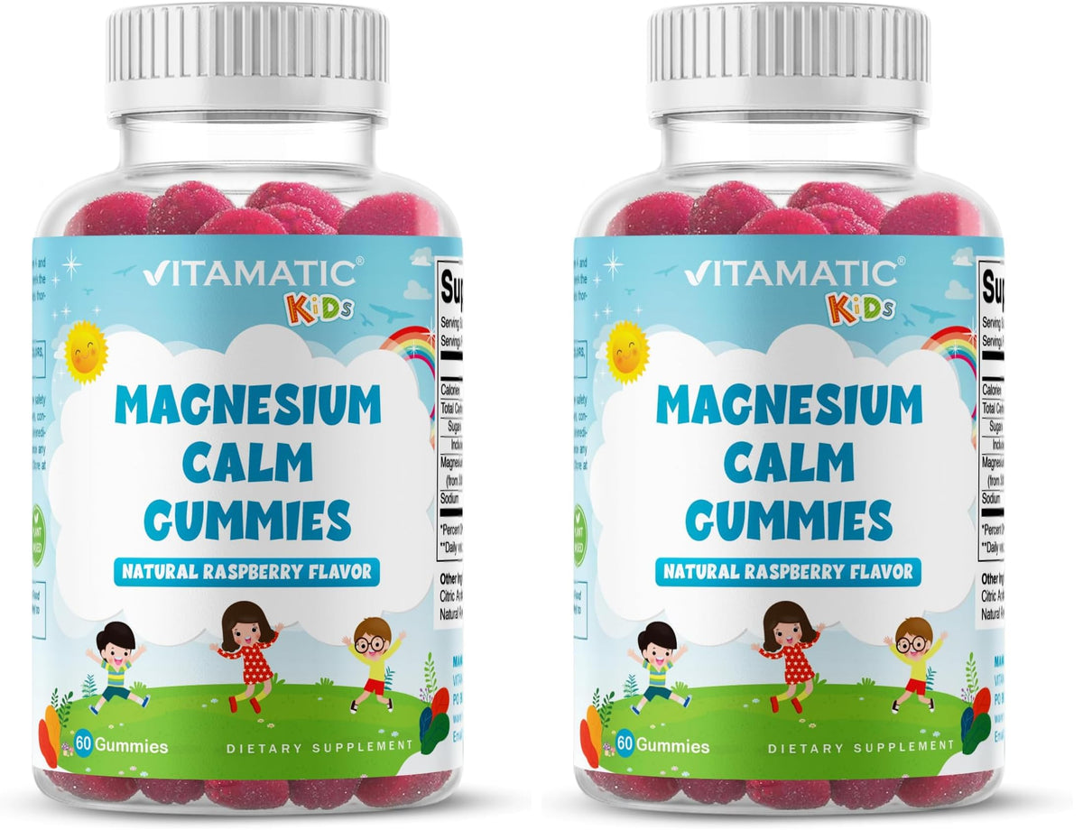 Two bottles of Vitamatic Kids Magnesium Calm Gummies Raspberry flavor in a pack of two