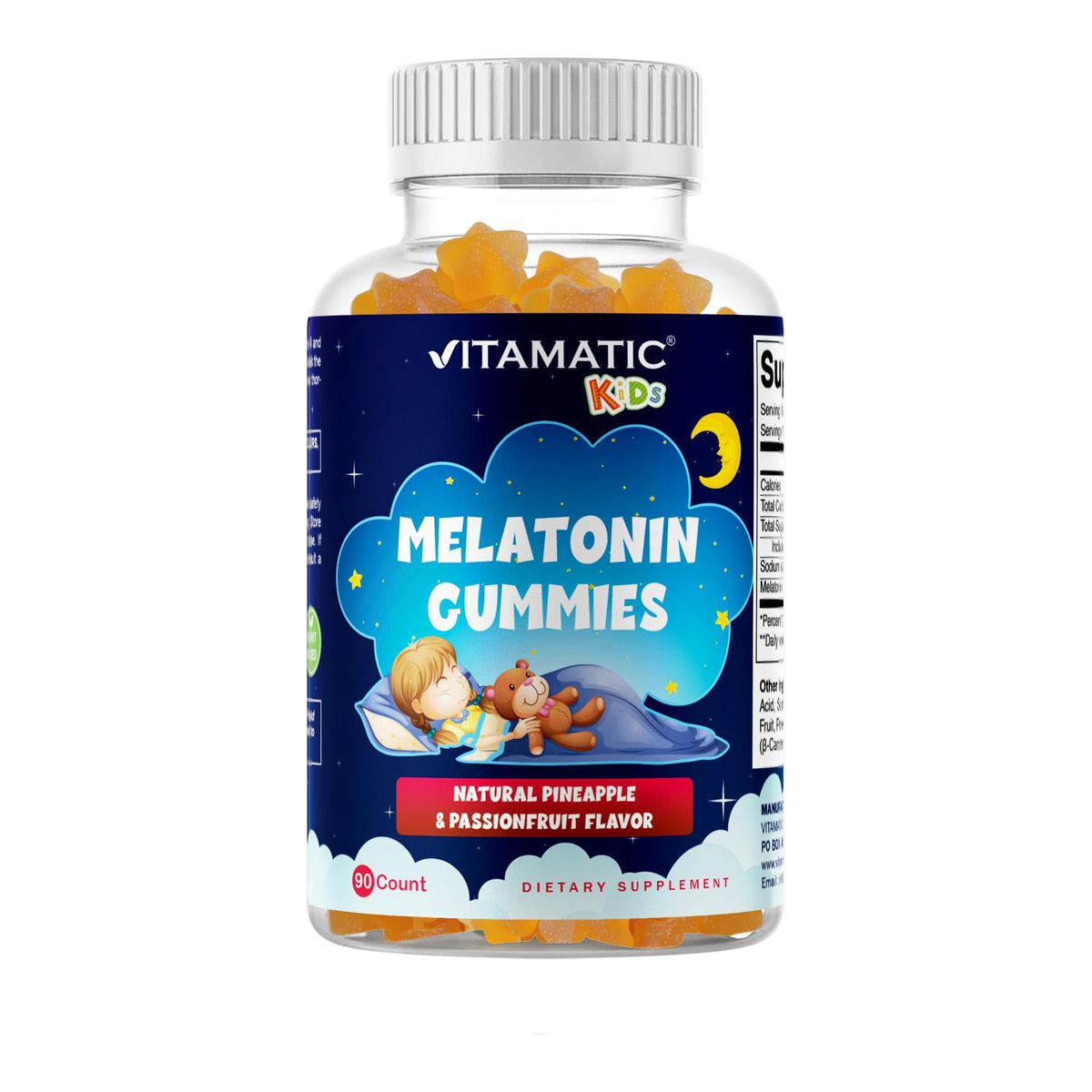 Front view of Vitamatic sugar-free kids melatonin bottle with pineapple & passionfruit flavor