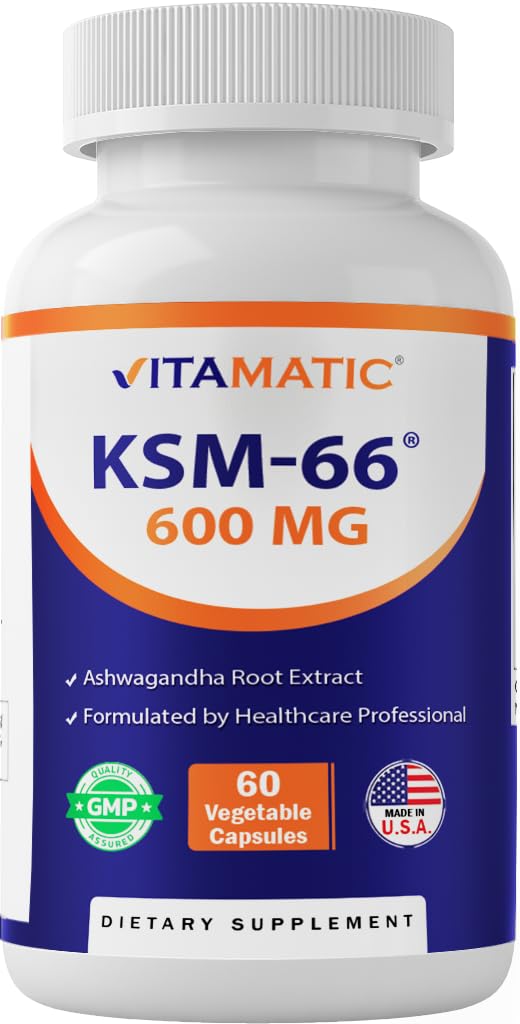 Bottle of Vitamatic KSM-66 Ashwagandha + BioPerine 600mg 60 capsules