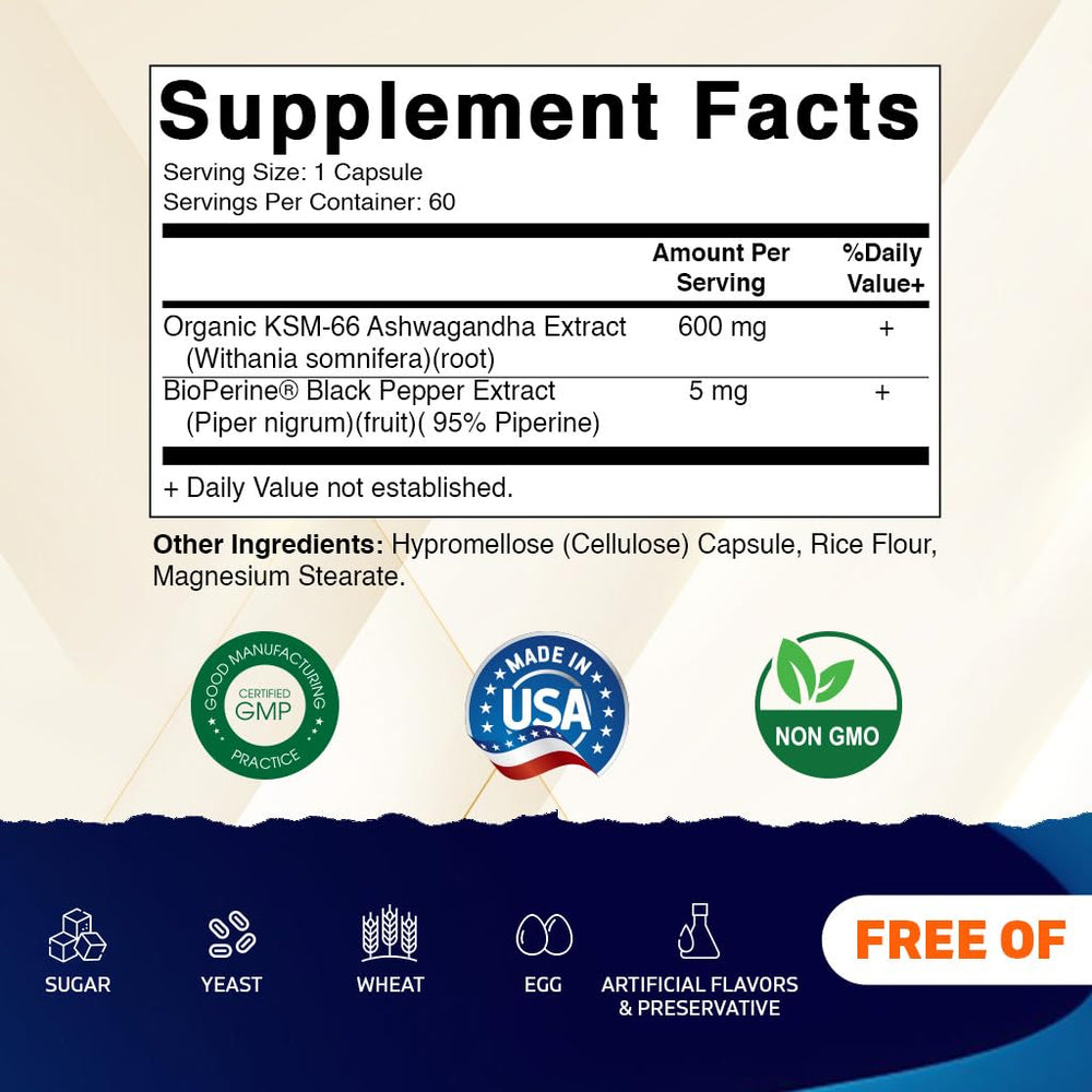 Product label for Vitamatic KSM-66 Ashwagandha + BioPerine 600mg