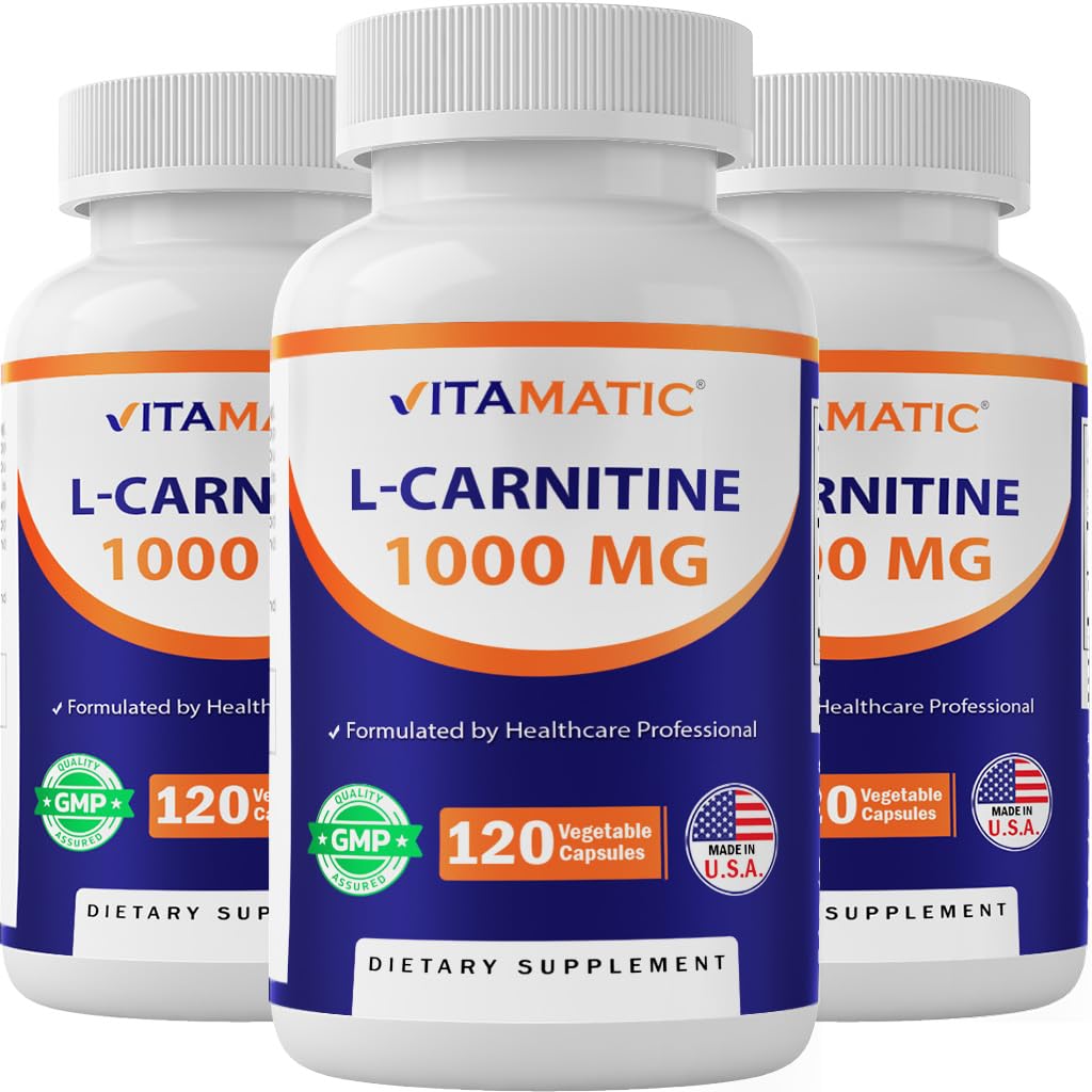 Vitamatic L-Carnitine Fumarate 1000mg bottle for energy support during workouts.