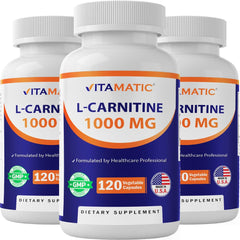 Vitamatic L-Carnitine Fumarate 1000mg bottle for energy support during workouts.