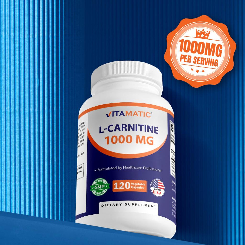 Vitamatic L-Carnitine Fumarate bottle with scoop implies easy dosing