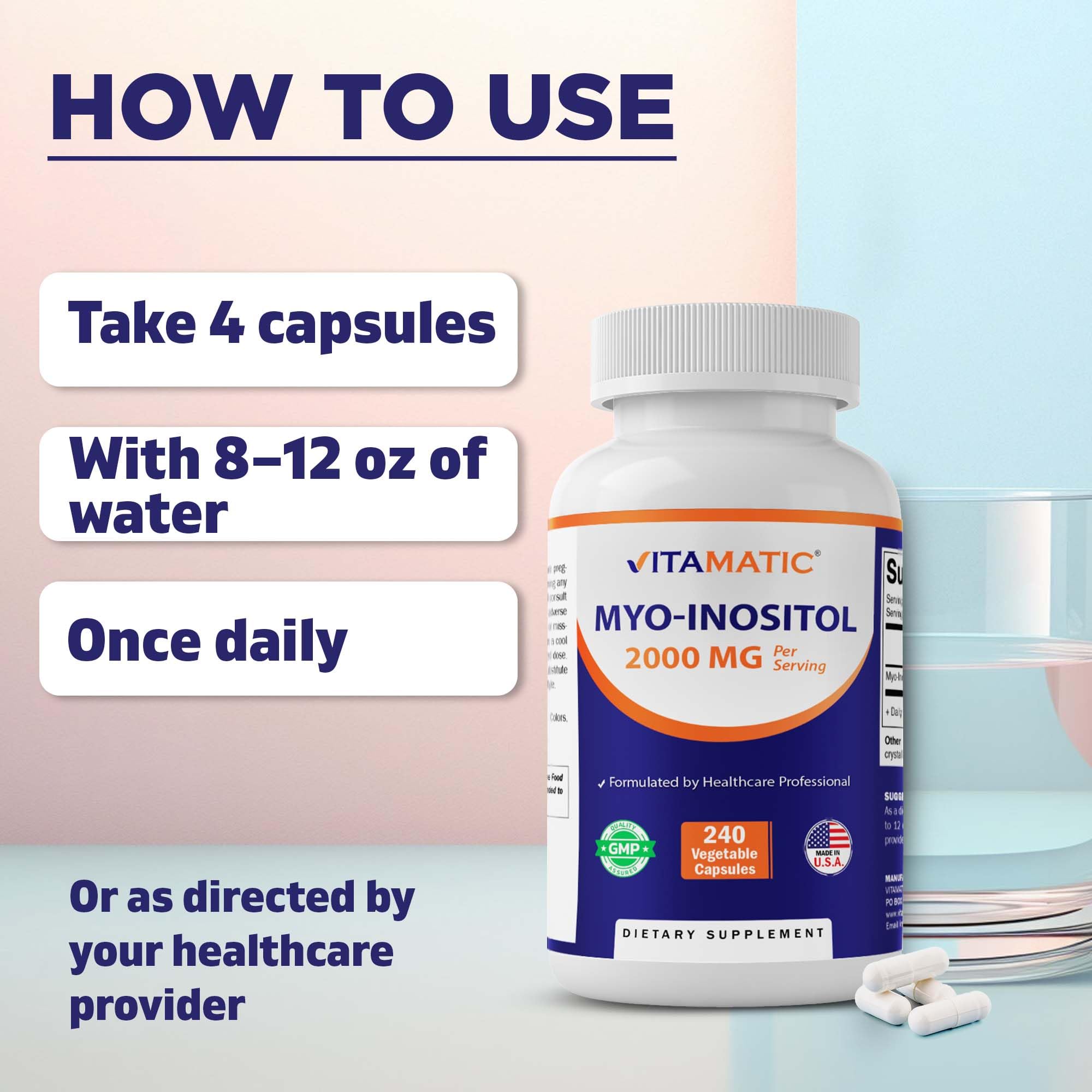 Vitamatic label closeup displaying dosage and non-GMO gluten-free benefits