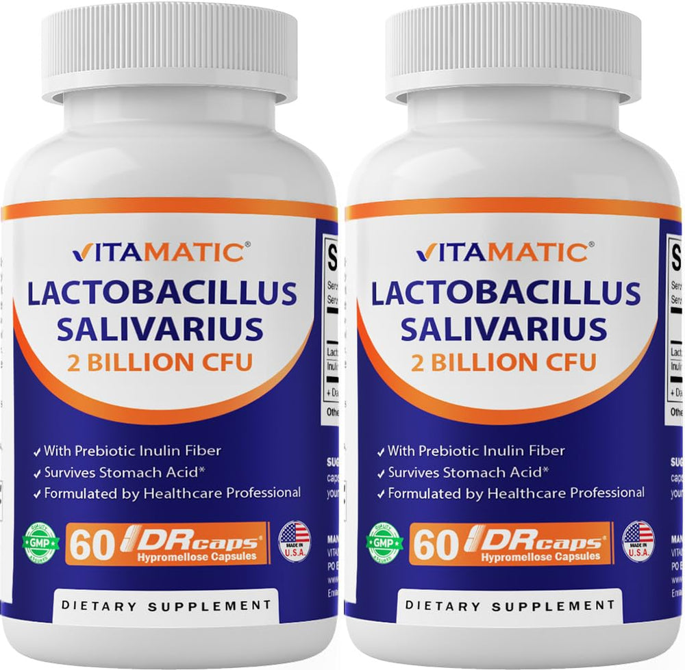 Front view of Vitamatic Lactobacillus Salivarius DRcaps bottle
