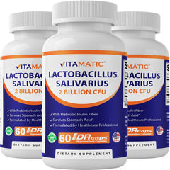Front view of Vitamatic Lactobacillus Salivarius bottle