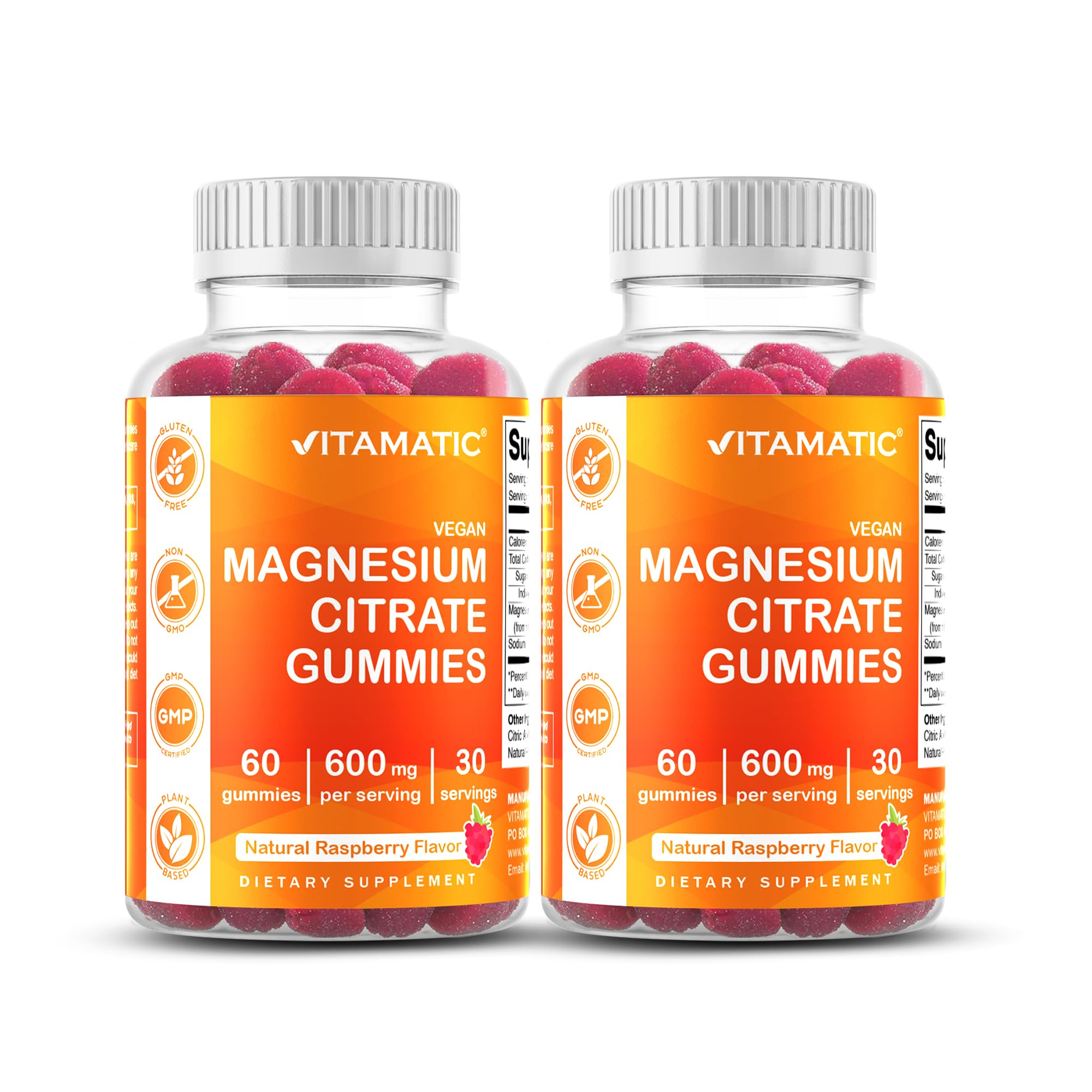 Vitamatic Magnesium Citrates Gummies bottle front with raspberry flavor for daily wellness and easy consumption.