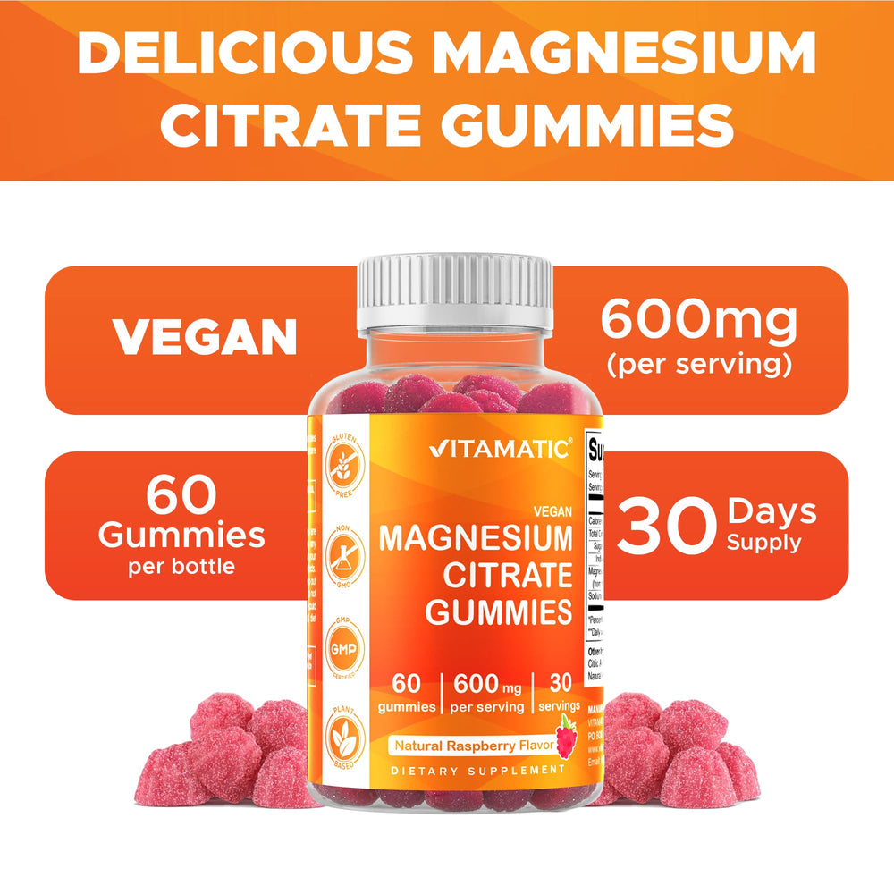 Vitamatic Magnesium Citrates Gummies bottle with label emphasizes vegan-friendly and gelatin-free composition.