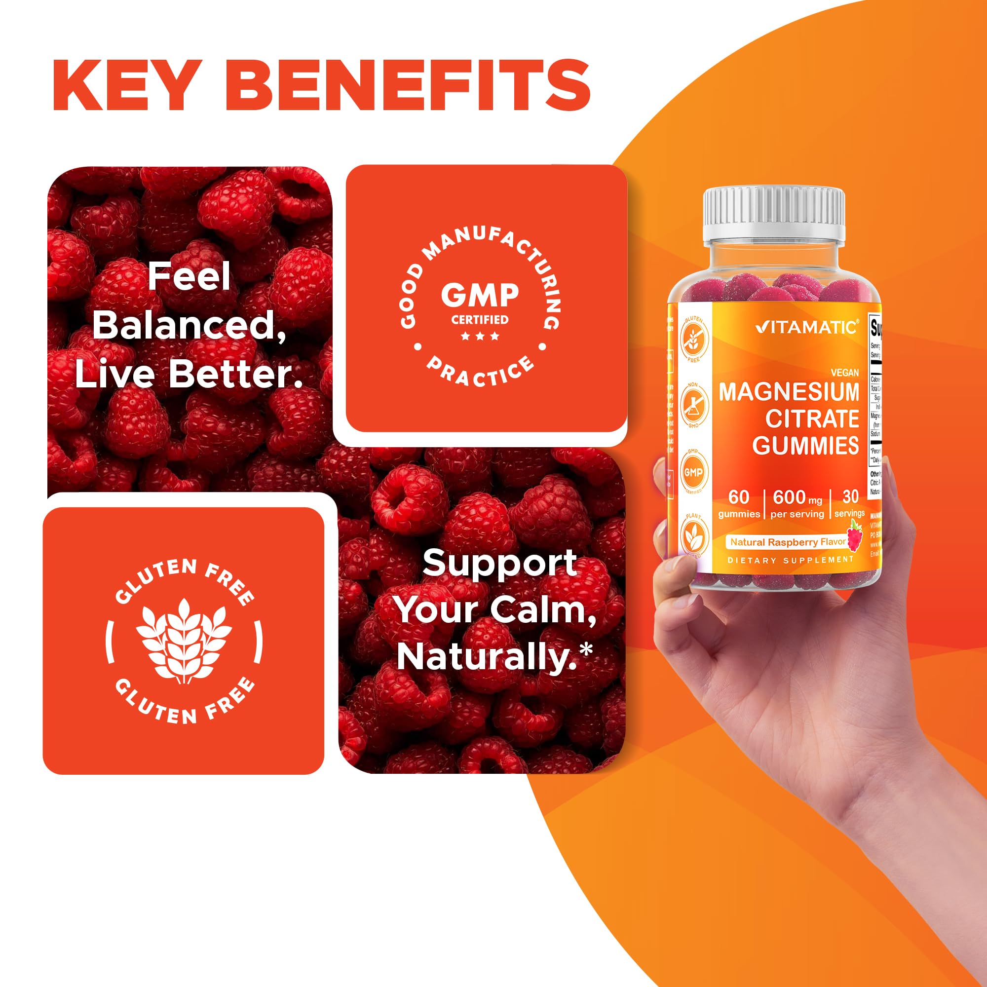 Vitamatic Magnesium Citrates Gummies vegan ingredients page highlights pectin base and absence of common allergens.
