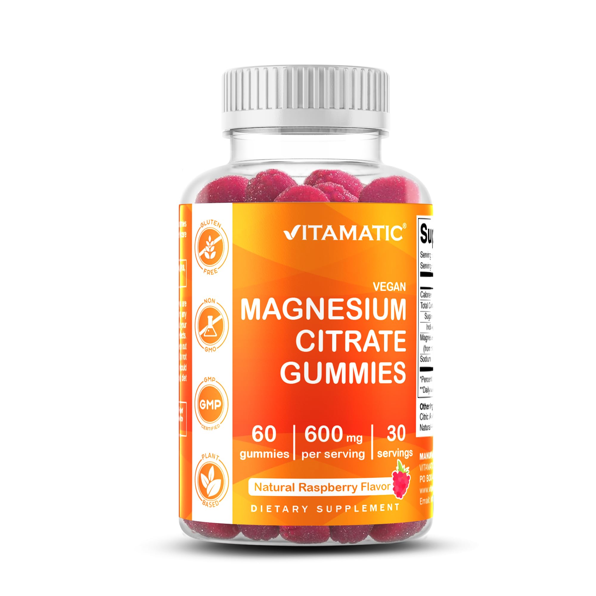Bottle of Vitamatic Magnesium Gummies in raspberry flavor
