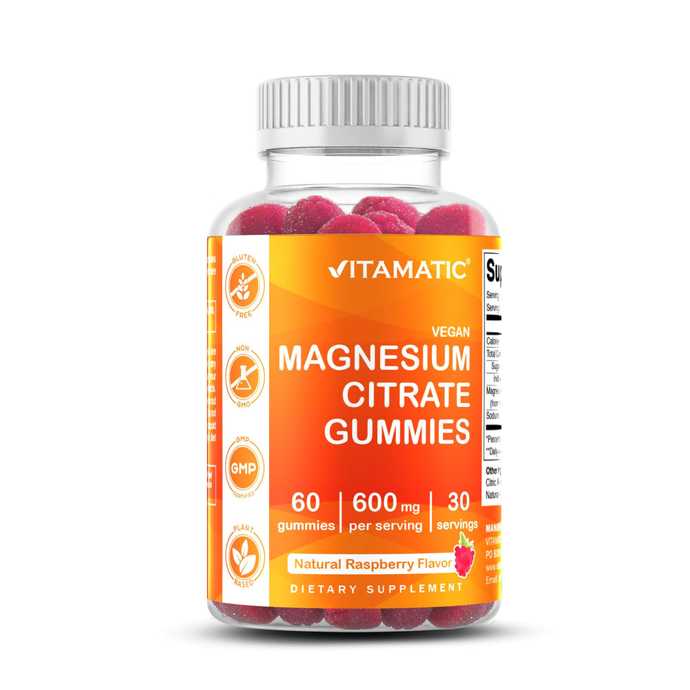 Bottle of Vitamatic Magnesium Gummies in raspberry flavor
