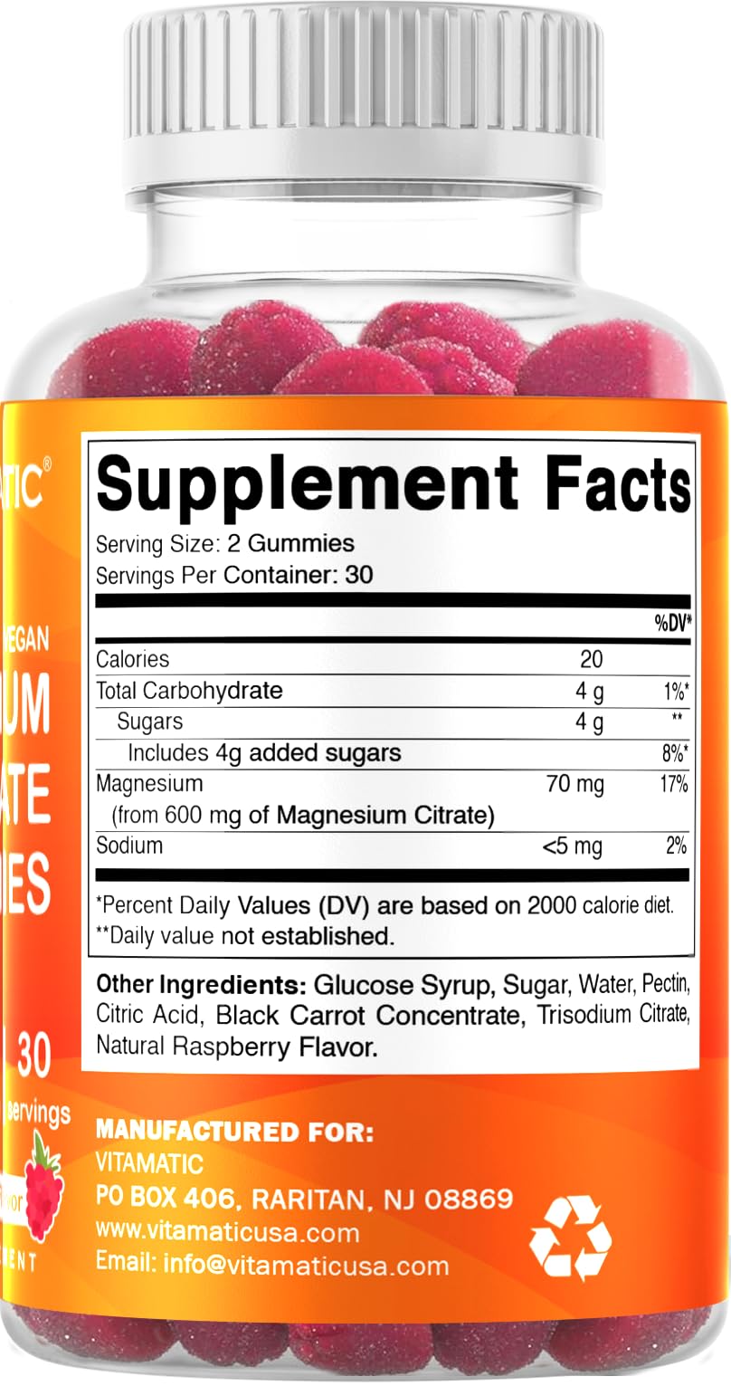 Vitamatic Magnesium Gummies 600 mg daily serving highlighted in packaging