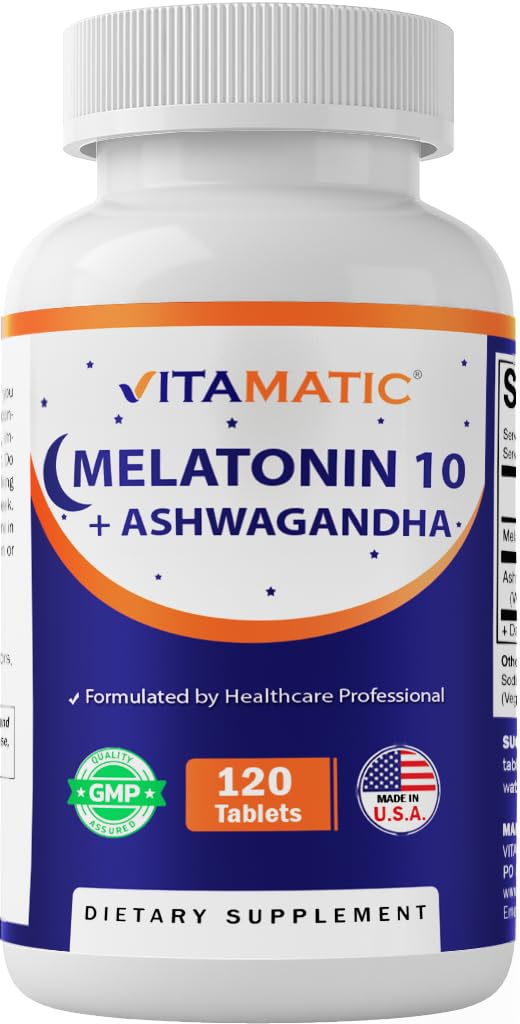Vitamatic Melatonin 10mg with Ashwagandha bottle front view
