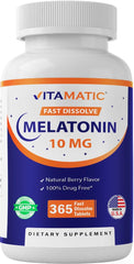 Vitamatic Melatonin 10 mg berry flavor tablets – USA-made, 365 count