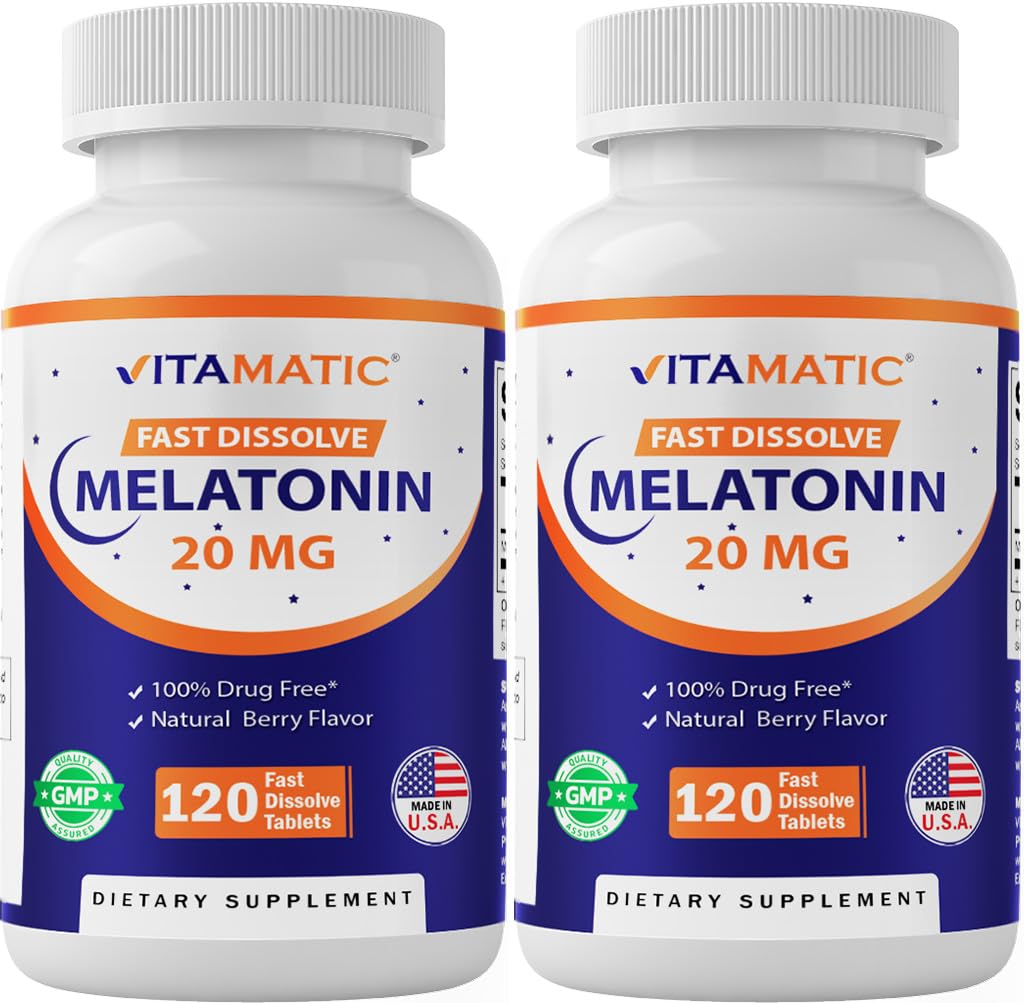 Front view of Vitamatic Melatonin 20 mg fast dissolve bottle with 120 tablets