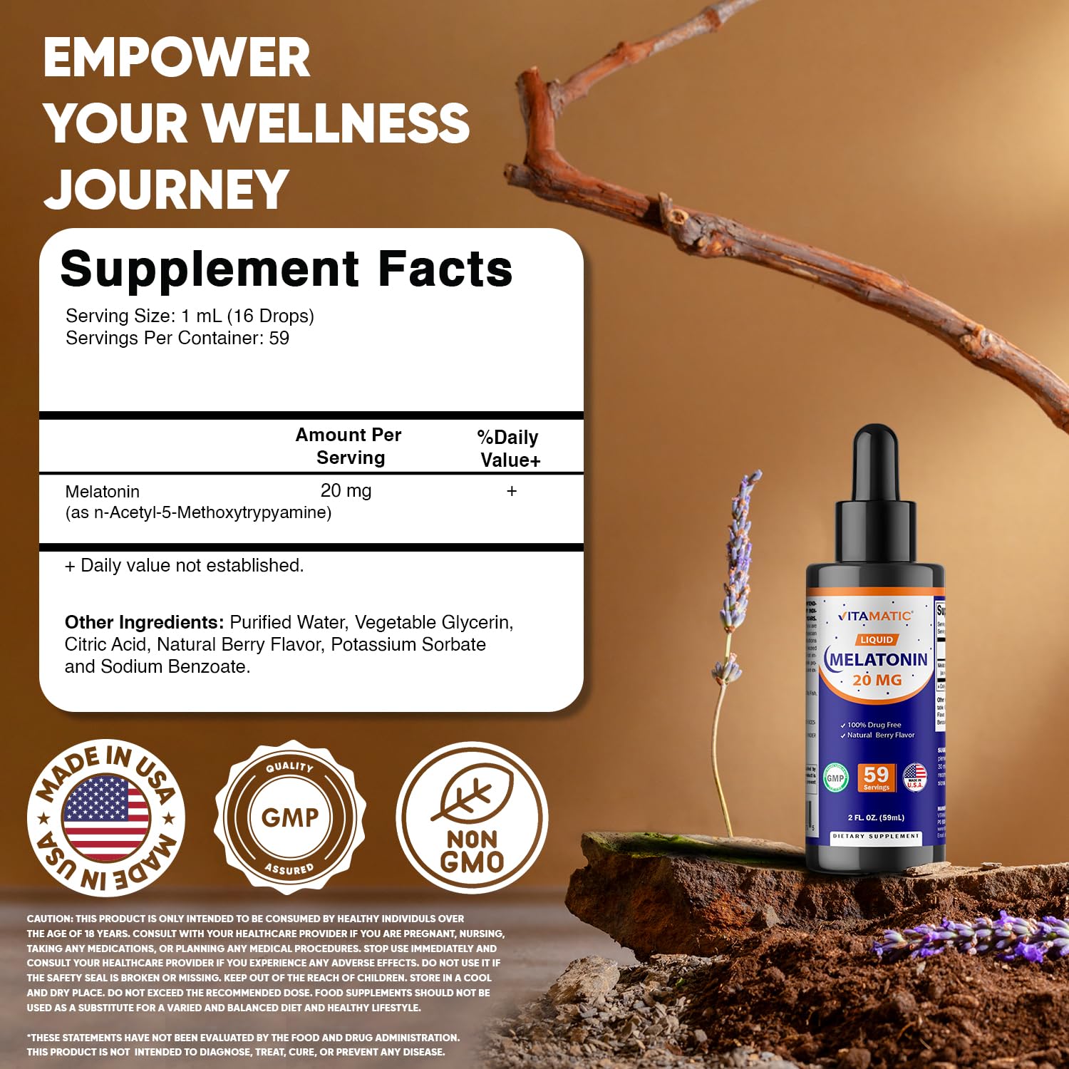 Vitamatic Melatonin 20mg liquid drops 4-pack back view